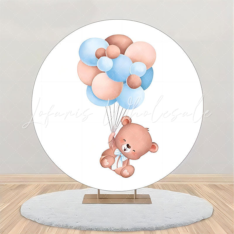 Lofaris White Blue Bear Balloon Round Baby Shower Backdrop