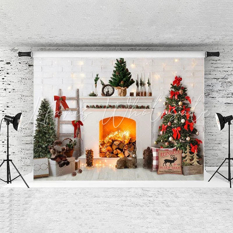 Lofaris White Brick And Fireplace Animal Christmas Backdrop