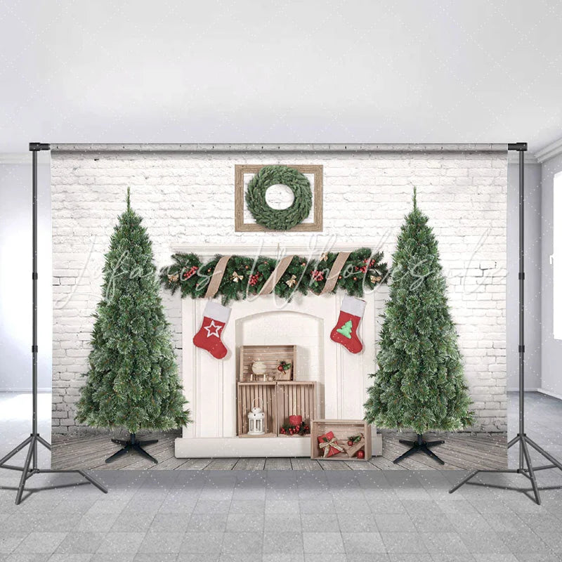Lofaris White Brick Christmas Wreath Tree Backdrop