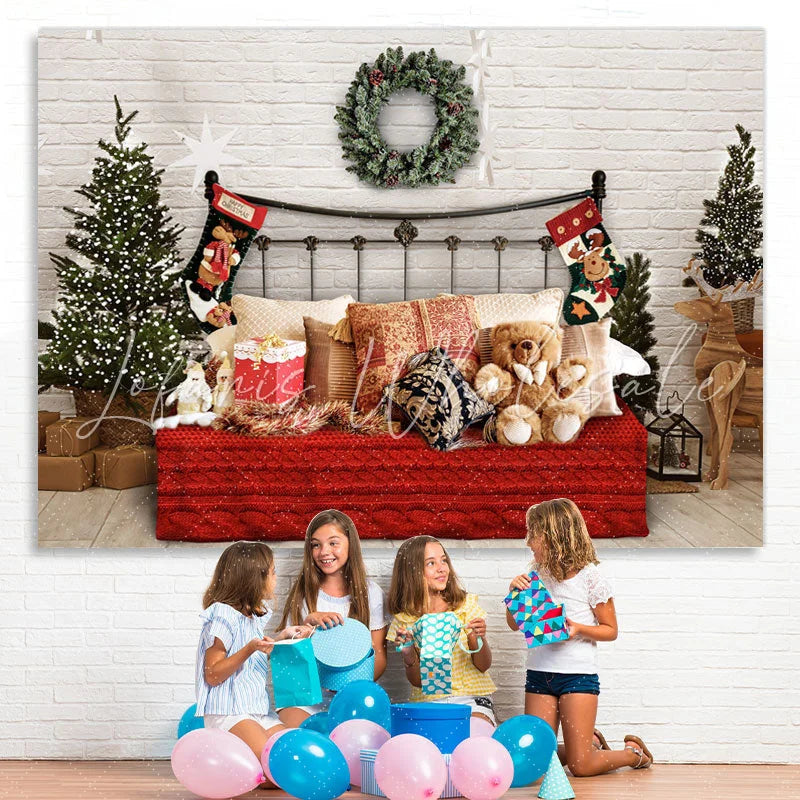 Lofaris White Bricks And Bed With Pillows Teddy Bear Backdrop