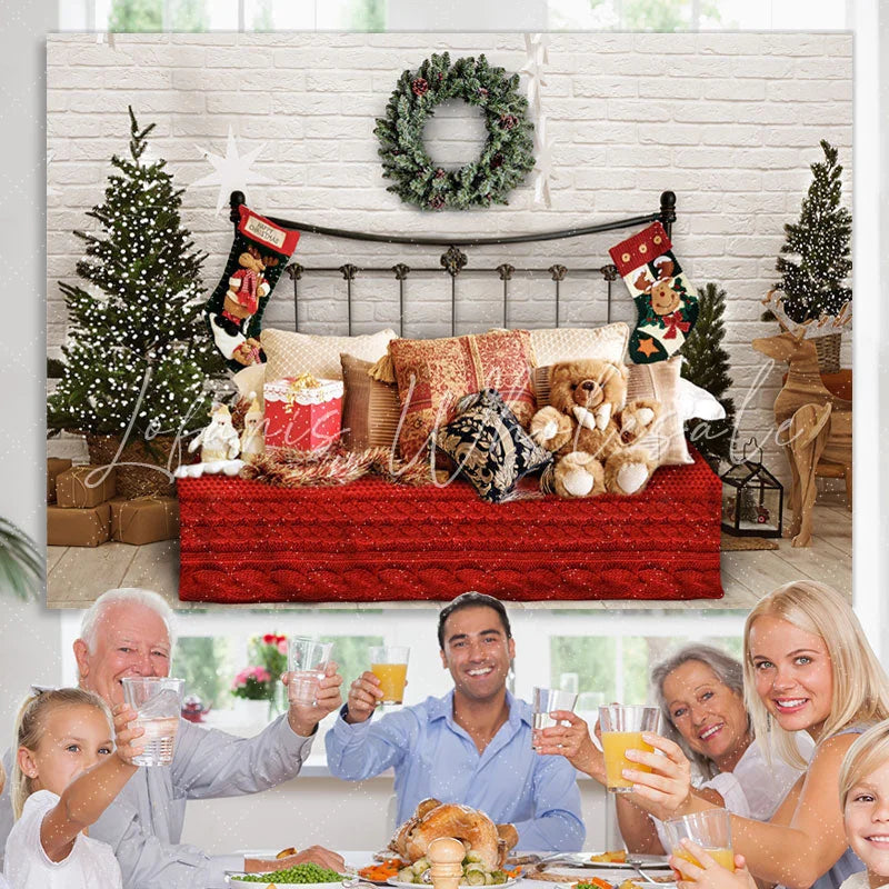 Lofaris White Bricks And Bed With Pillows Teddy Bear Backdrop