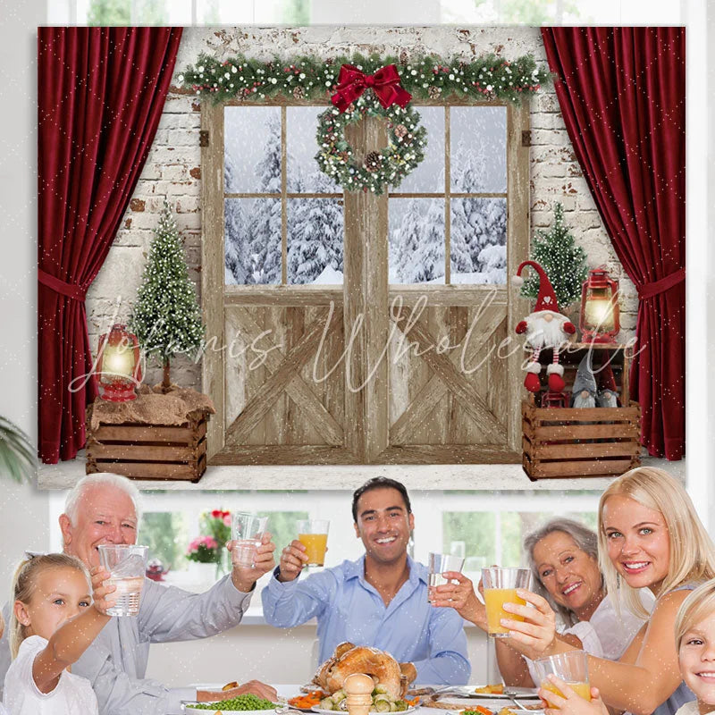 Lofaris White Bricks With Red Curtain Christmas Winter Backdrop