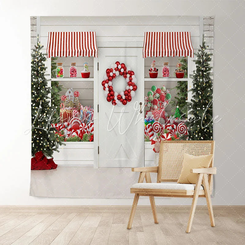 Lofaris White Christmas Store With Gifts And Lollipops Backdrop