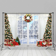 Lofaris White Curtain And Winter Forest Theme Christmas Backdrop