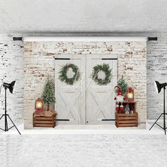 Lofaris White Door Brick Green Wreath Doll Christmas Backdrop