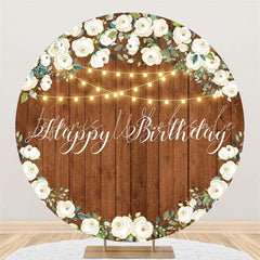 Lofaris White Flower Glitter Light Happy Birthday Round Backdrop