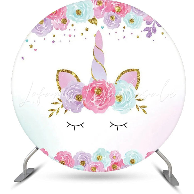 Lofaris White Gold Unicorn Floral Round Birthday Backdrop