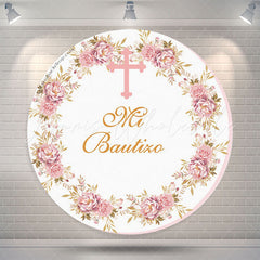 Lofaris White Pink Floral Cross Round Backdrop For Baptism