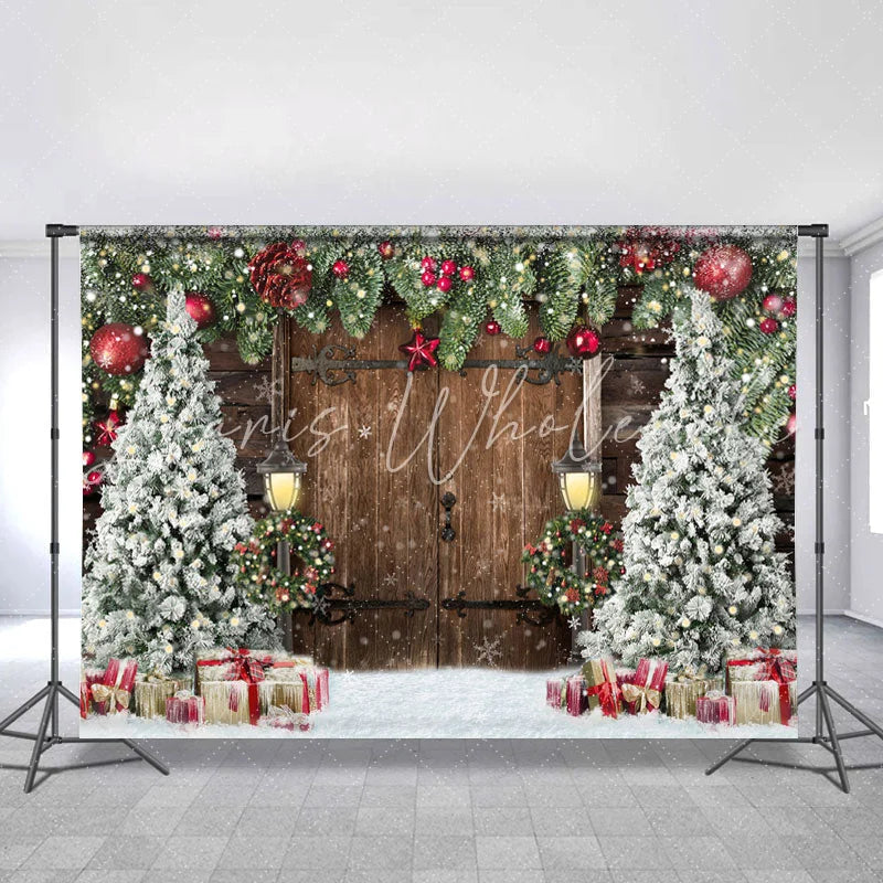 Lofaris White Snow Chrismas Tree And Brown Wood Door Backdrop