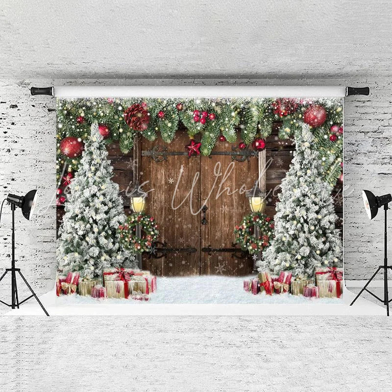 Lofaris White Snow Chrismas Tree And Brown Wood Door Backdrop