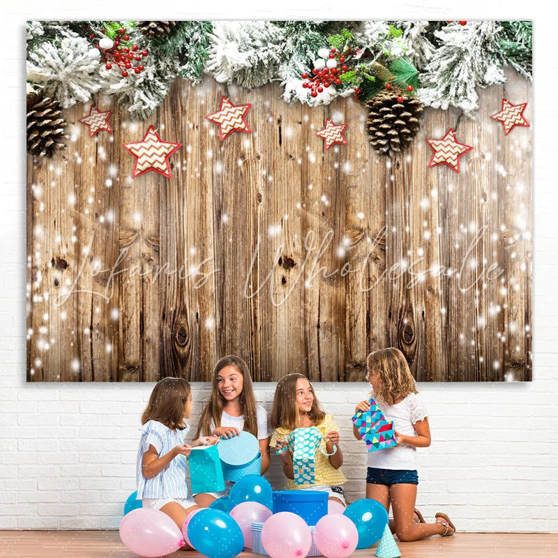 Lofaris White Snowy Christmas Tree With Stars Wooden Backdrop