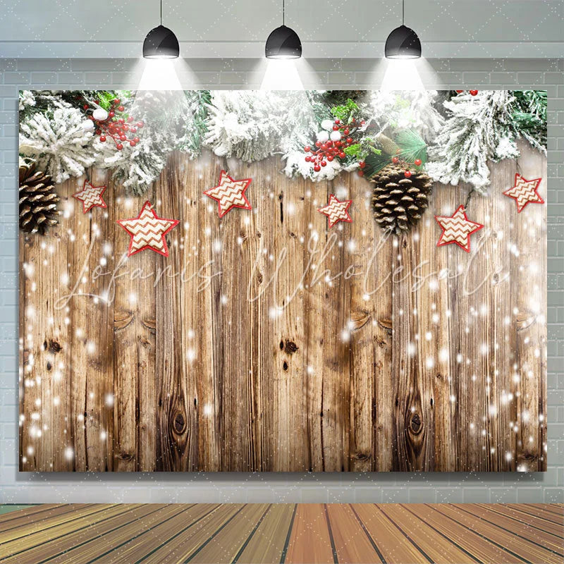 Lofaris White Snowy Christmas Tree With Stars Wooden Backdrop