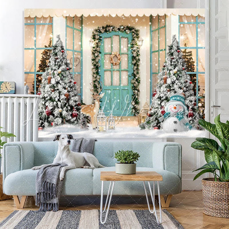 Lofaris White Snowy World With Christmas Trees Outside Door