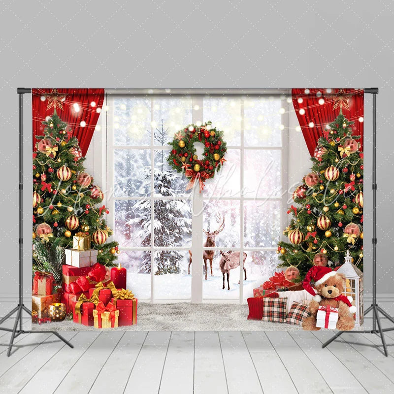 Lofaris White Window Winter Deer Christmas Trees Backdrop