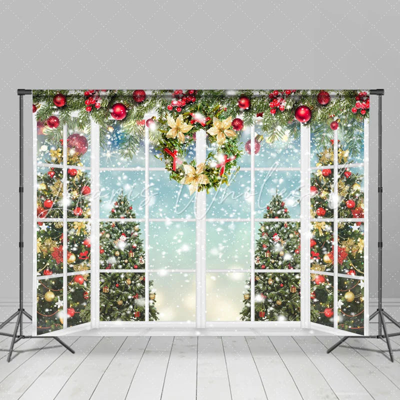 Lofaris White Window With Snowy Christmas Tree Holiday Backdrop