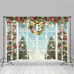 Lofaris White Window With Snowy Christmas Tree Holiday Backdrop