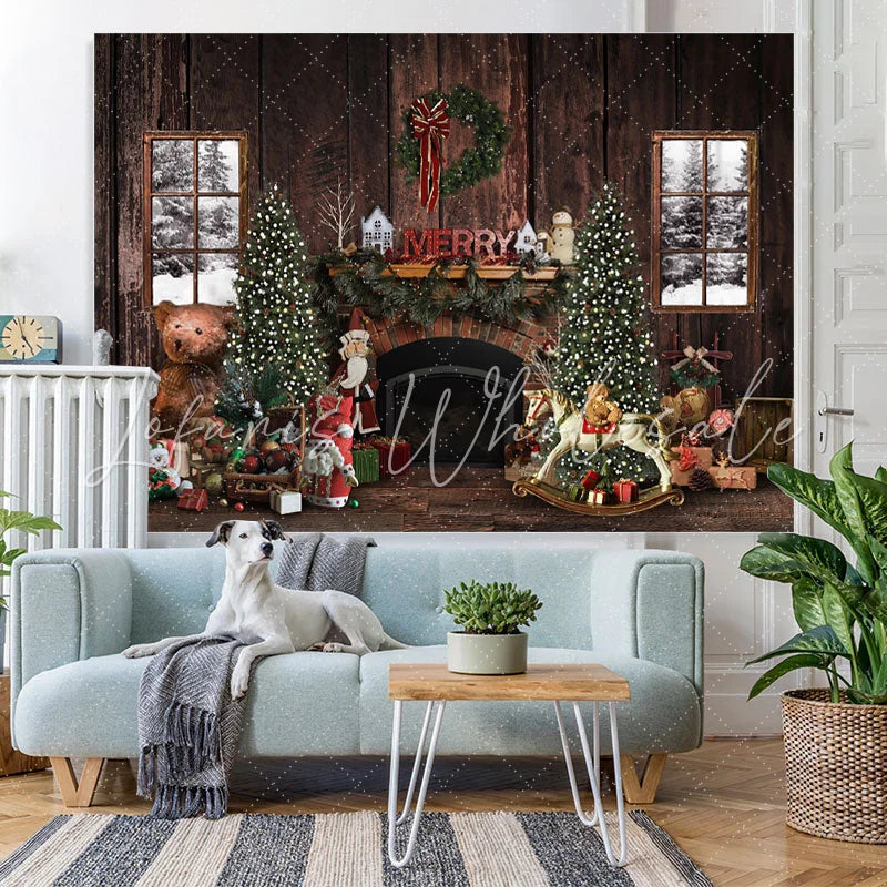 Lofaris White Winter With Christmas Element Wooden Backdrop
