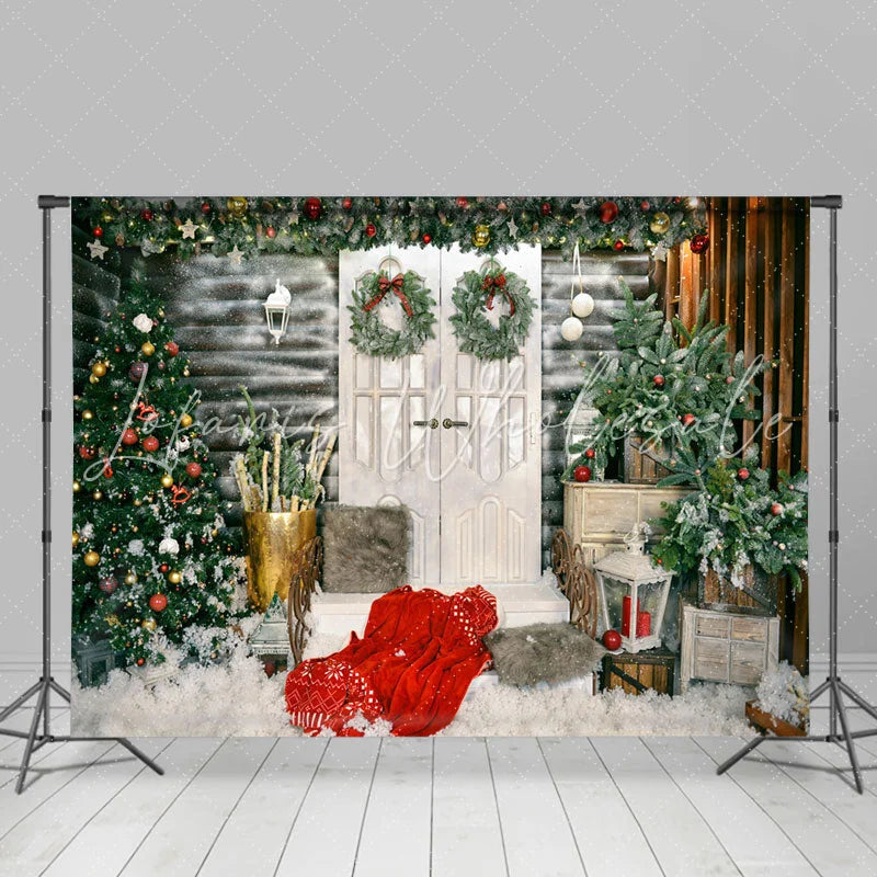 Lofaris White Wood Wall Door Green Tree Christmas Backdrop