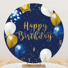 Lofaris White Yellow Balloons Navy Happy Birthday Round Backdrop