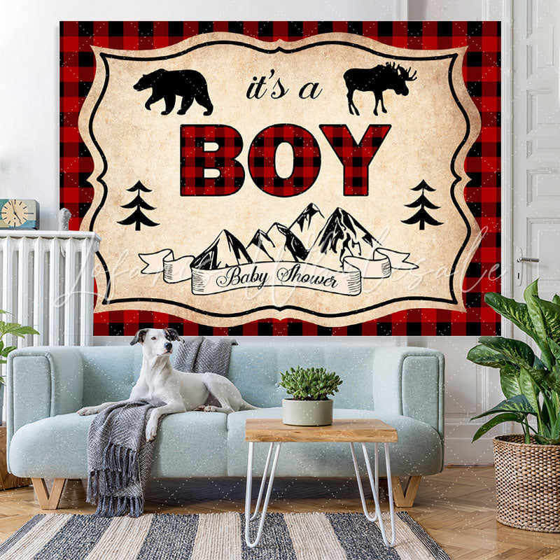 Lofaris Wild Animal Its A Boy Red Plaid Backdrop for Baby Shower