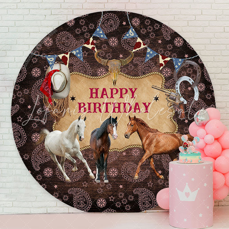 Lofaris Wild Horse West Cowboy Happy Birthday Round Backdrop
