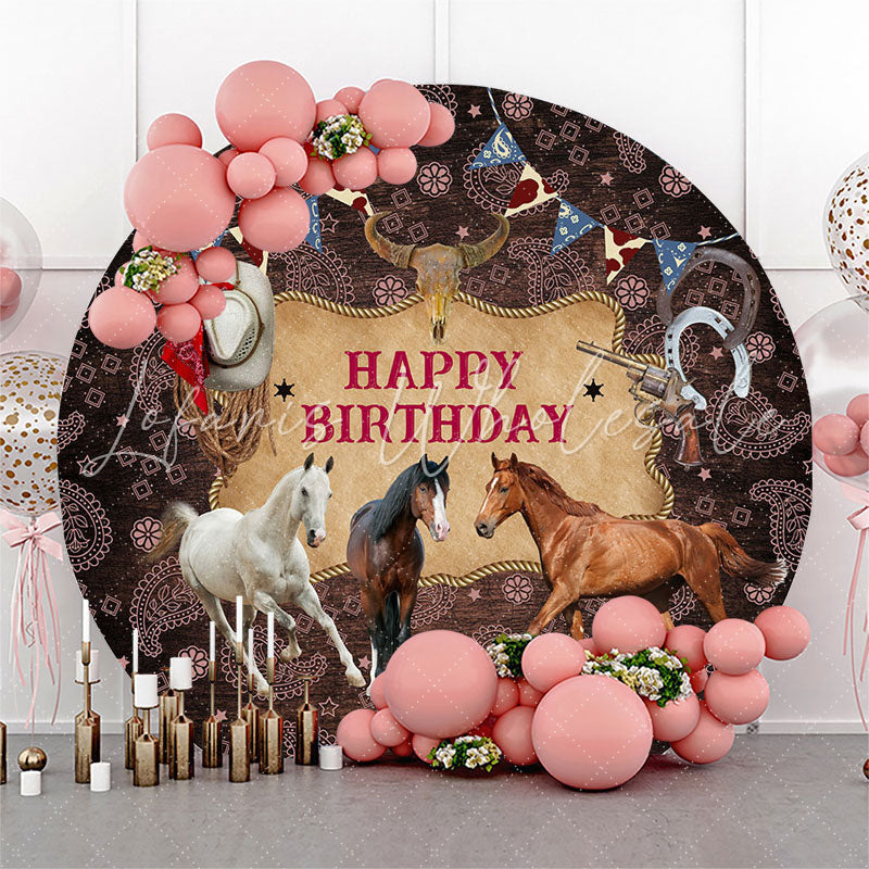 Lofaris Wild Horse West Cowboy Happy Birthday Round Backdrop