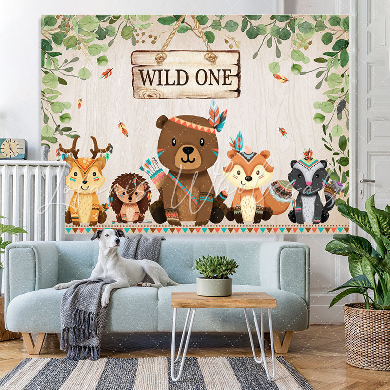 Lofaris Wild One Animal With Green Leaves Wood Backdrop For Boy