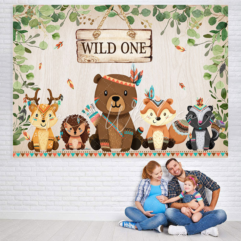 Lofaris Wild One Animal With Green Leaves Wood Backdrop For Boy