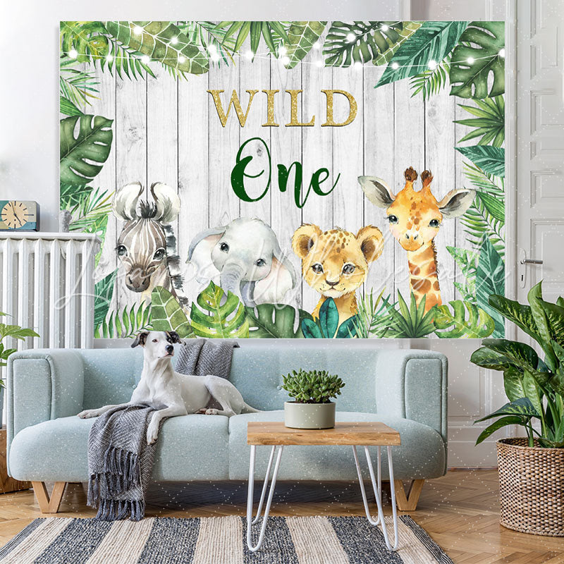 Lofaris Wild One Jungle Animals Green Leavs Birthday Backdrop for Kids