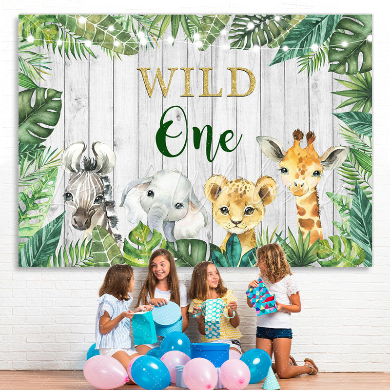 Lofaris Wild One Jungle Animals Green Leavs Birthday Backdrop for Kids