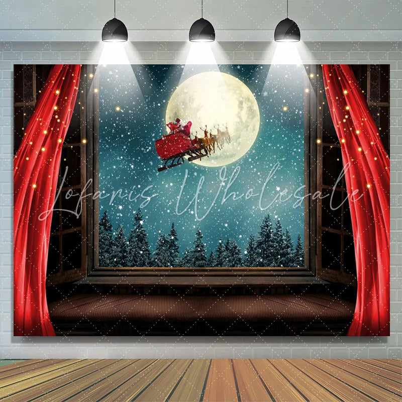 Lofaris Winter Christmas Moon Night And Red Curtain Backdrop