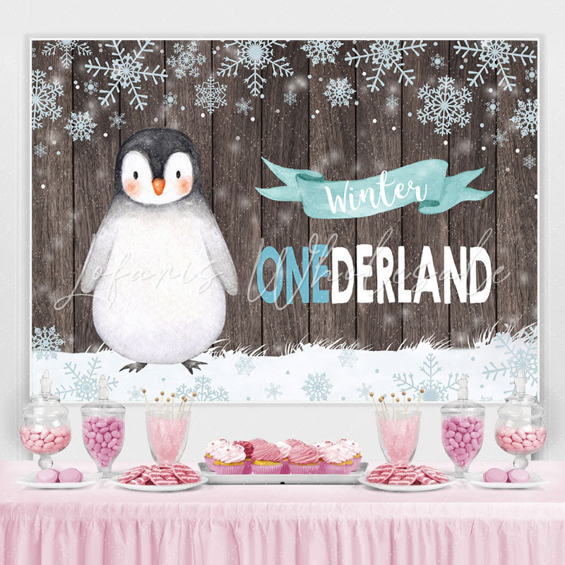 Lofaris Winter Onederland Penguin Snowflake Wood Backdrop for Birthday