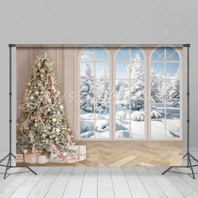 Lofaris Winter Pink Decored Christmas Tree Window Floor Backdrop