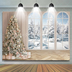 Lofaris Winter Pink Decored Christmas Tree Window Floor Backdrop