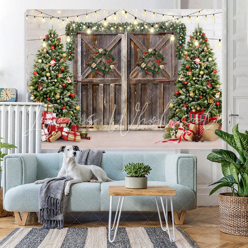 Lofaris Winter Tree Christmas Wood Door Backdrop for Photoshoot Decoration