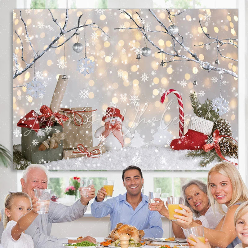 Lofaris Winter Tree Snowflake Gift Snowman Gold Bokeh Backdrop for Christmas