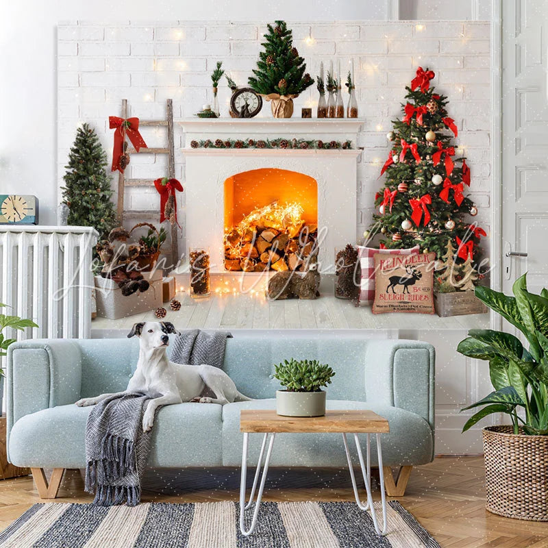 Lofaris Winter White Brick Stove And Christmas Tree Backdrop