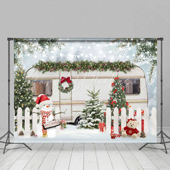 Lofaris Winter White Fence Bus Christmas Tree Snowman Lights Backdrop
