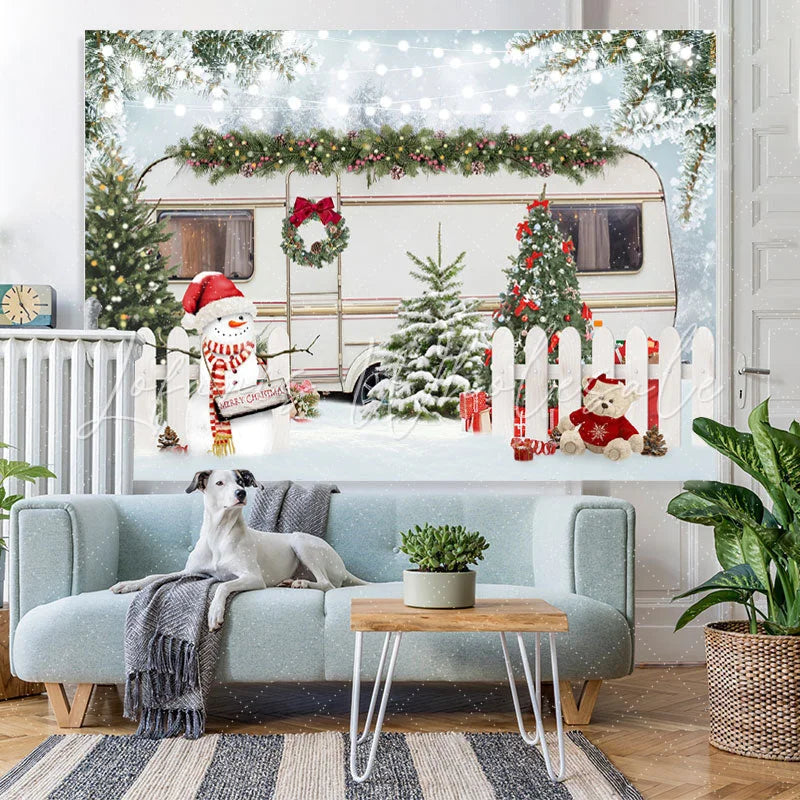 Lofaris Winter White Fence Bus Christmas Tree Snowman Lights Backdrop