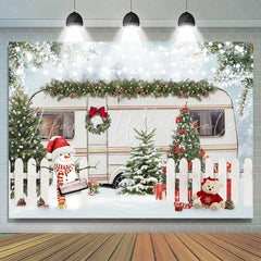 Lofaris Winter White Fence Bus Christmas Tree Snowman Lights Backdrop