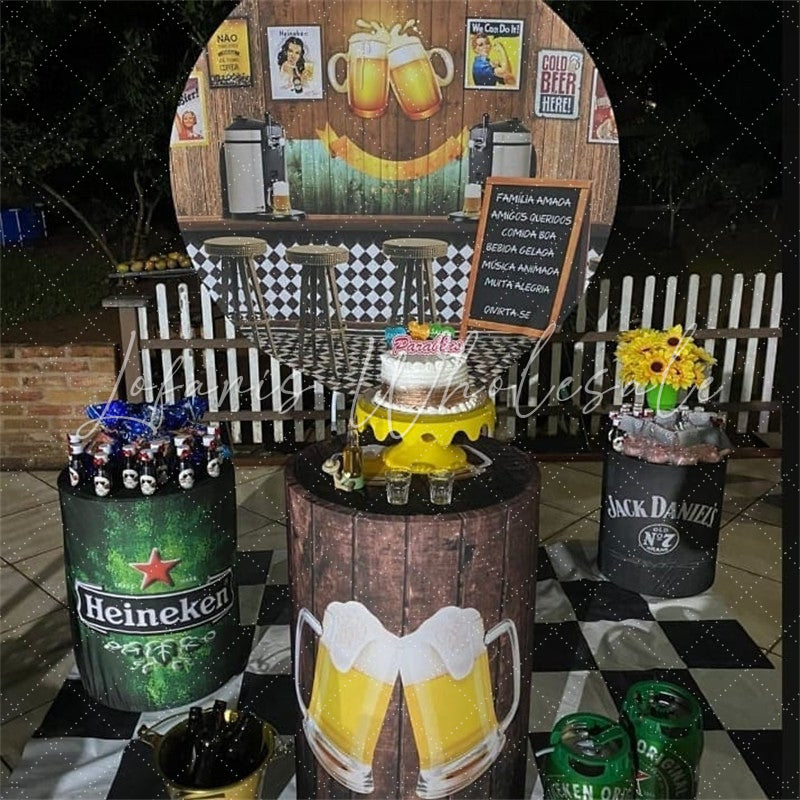 Lofaris Wooden Beer Bar Themed Circle Happy Birthday Backdrop