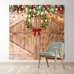 Lofaris Wooden Door With Christmas Wreath Light Holiday Backdrop