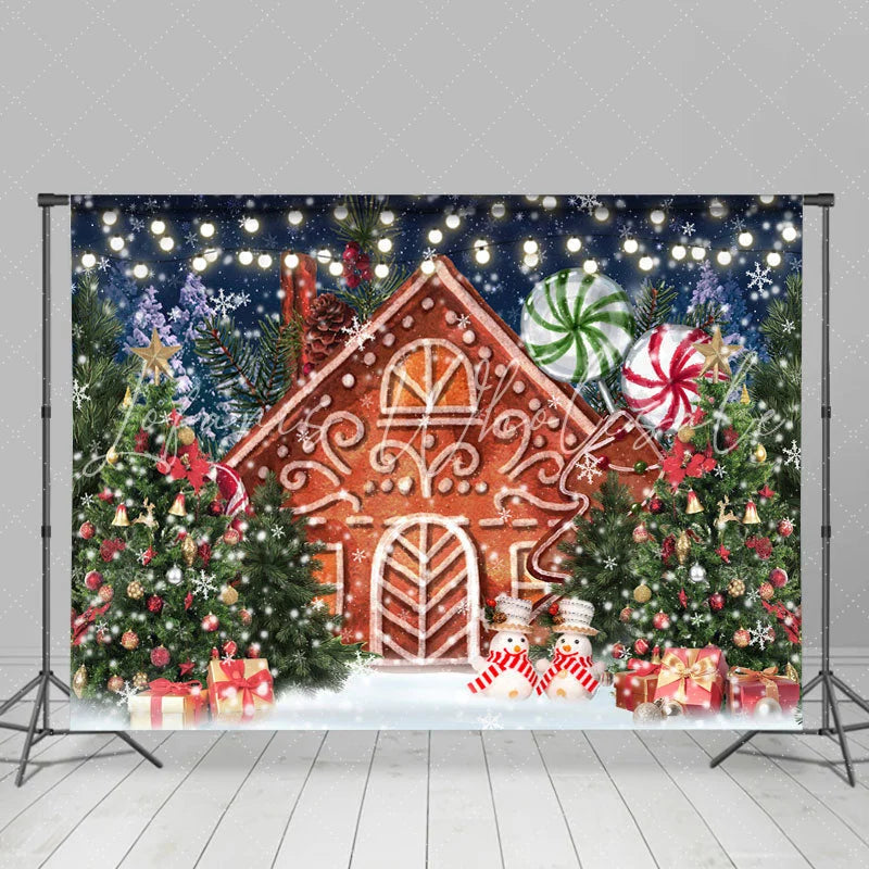 Lofaris Xmas Tree Cartoon Gingerbread House Christmas Backdrop