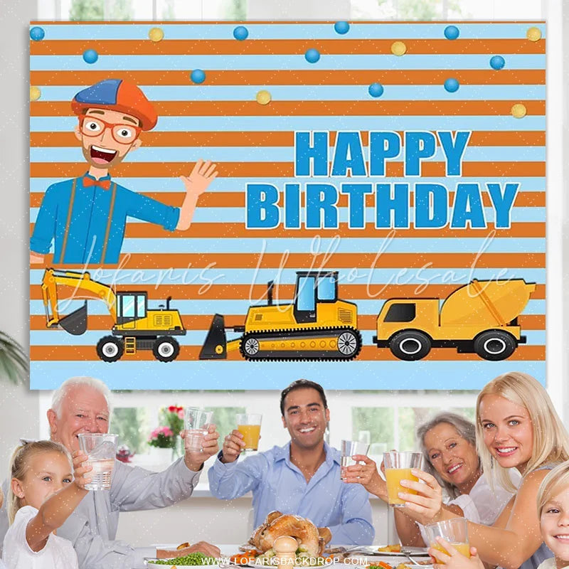 Lofaris Yellow Truck And Boy Stripes Happy Birthday Backdrop
