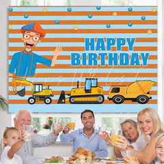 Lofaris Yellow Truck And Boy Stripes Happy Birthday Backdrop